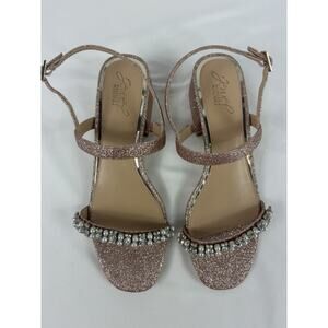 NWOT Badgley Mischka Jewel Sandal Peach Pink Gold 7.5 Glitter Pearls Rhinestones